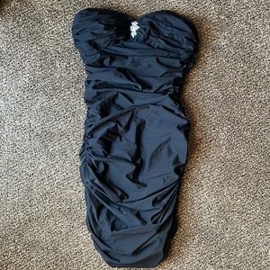 Black Runched Bodycon Mini Strapless Dress with Crystal Detail
